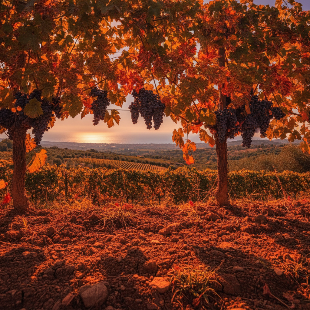 Golden hour sunlight illuminates vibrant Sangiovese grapevines in a Maremma Toscana vineyard