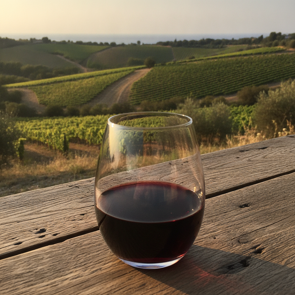 A full glass of unbranded red wine sits on a rustic table