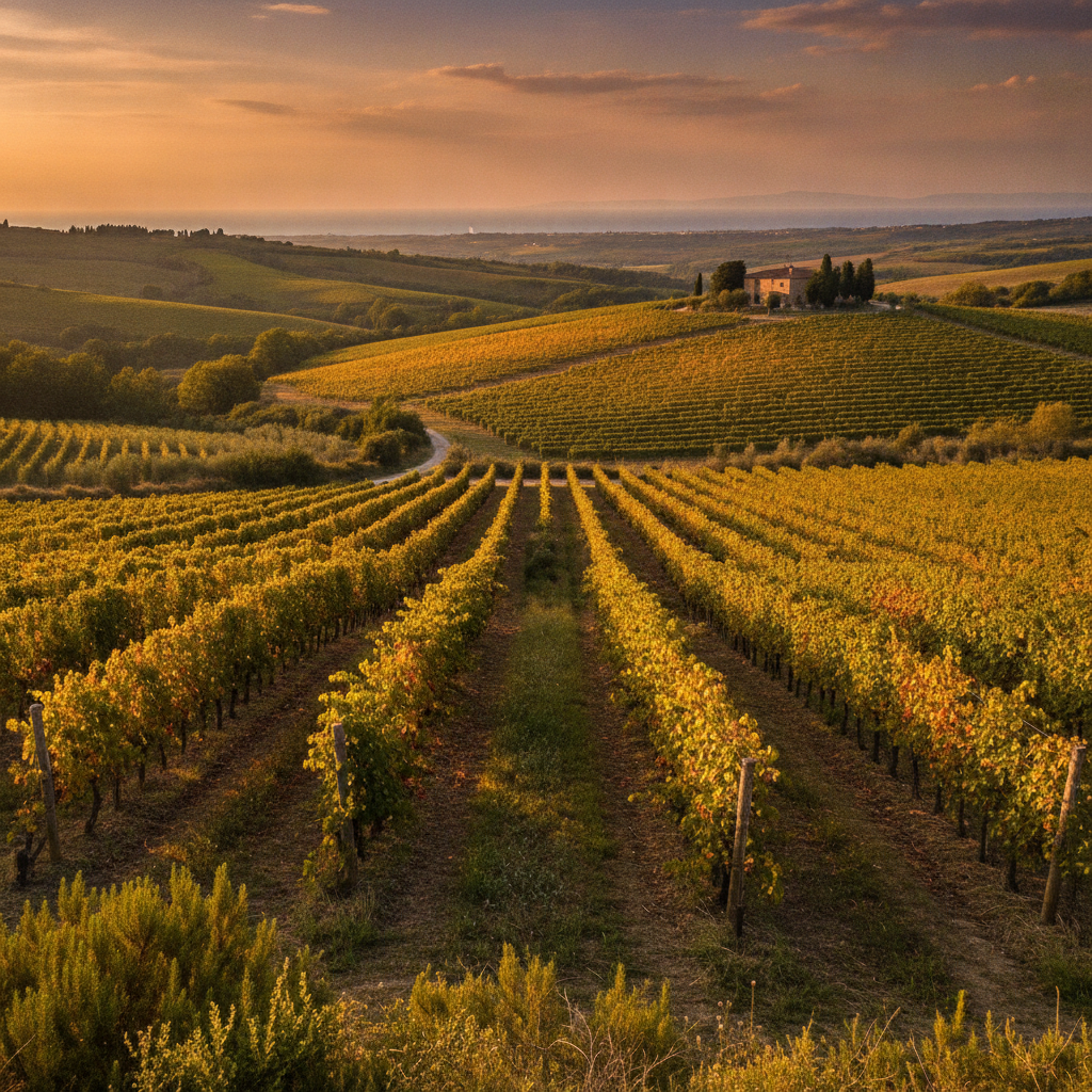 Warm sunlight illuminates rows of Morellino di Scansano vineyards in Maremma