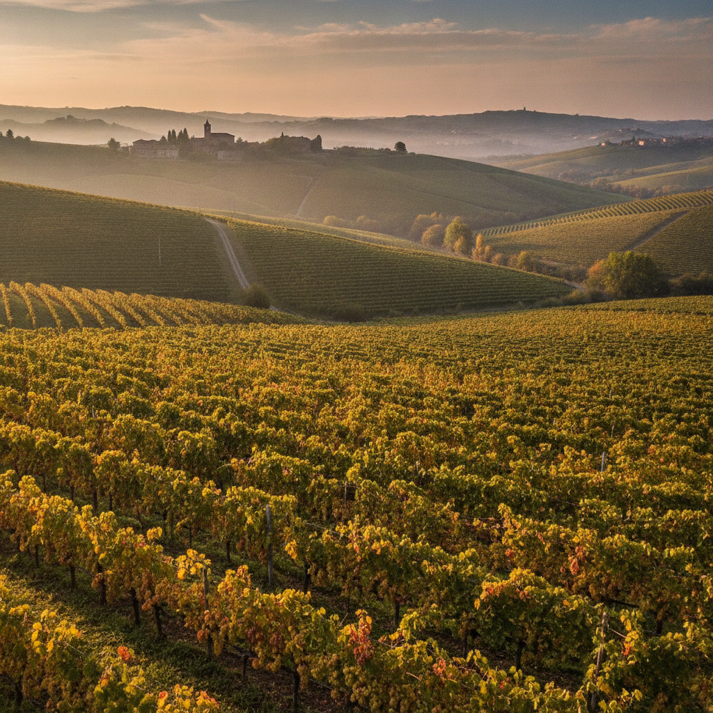 Rolling vineyards of ripe Moscato Bianco grapes in the Asti region of Piemonte