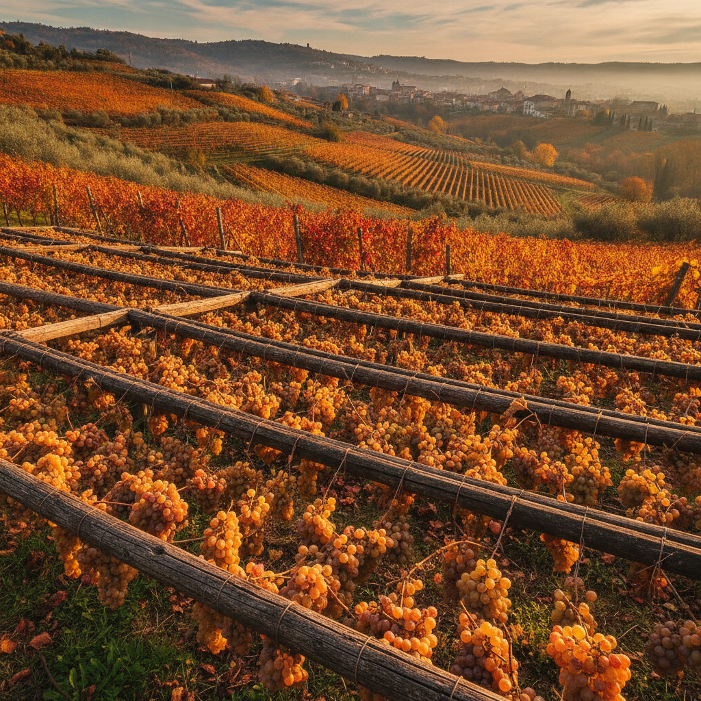 Golden grapes drying on traditional wooden racks
