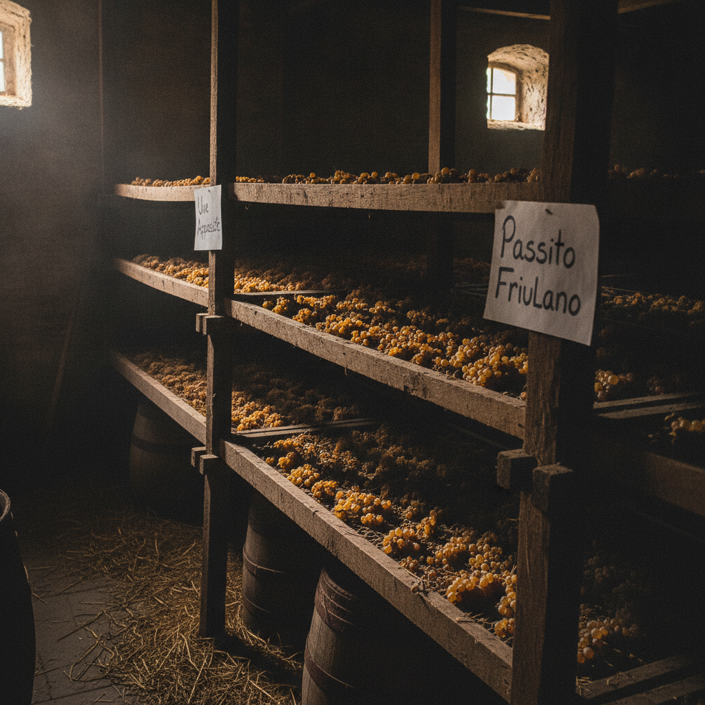 Sun-dried golden grapes resting on wooden racks in a traditional Friulian appassimento cellar