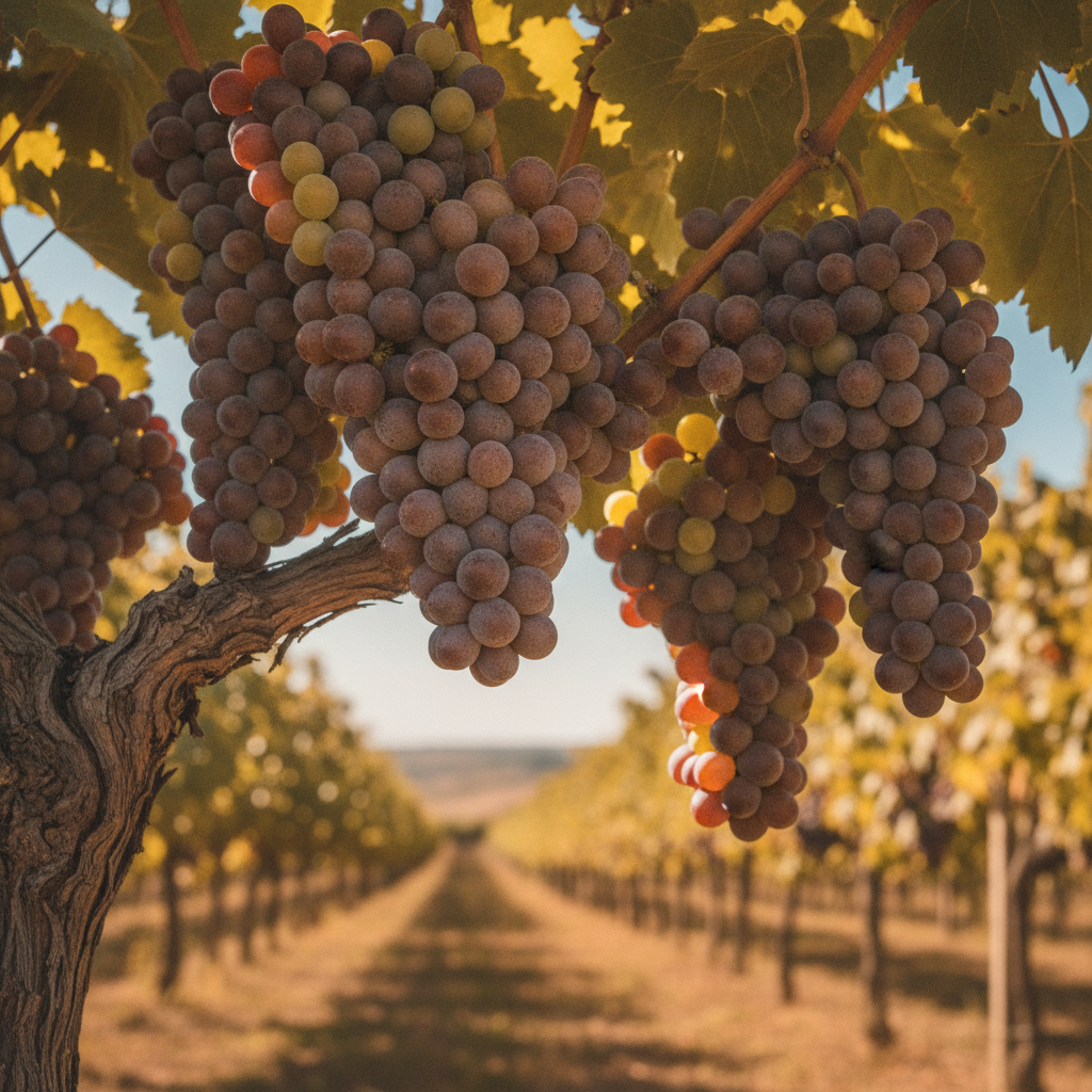 Close-up of ripening Primitivo grape clusters on the vine in a sun-drenched Puglian vineyard