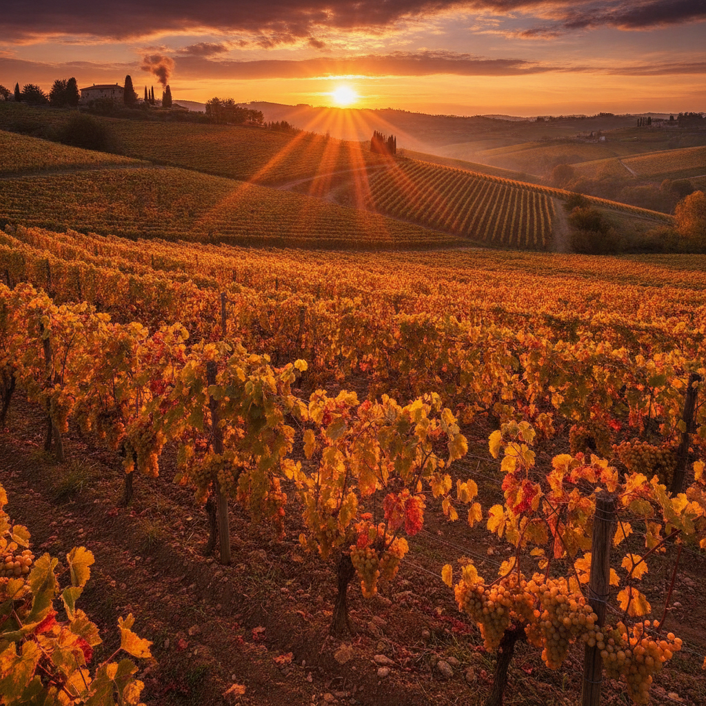 Golden hour light illuminating mature Verduzzo friulano vines on rolling hills in the Colli Orientali del Friuli