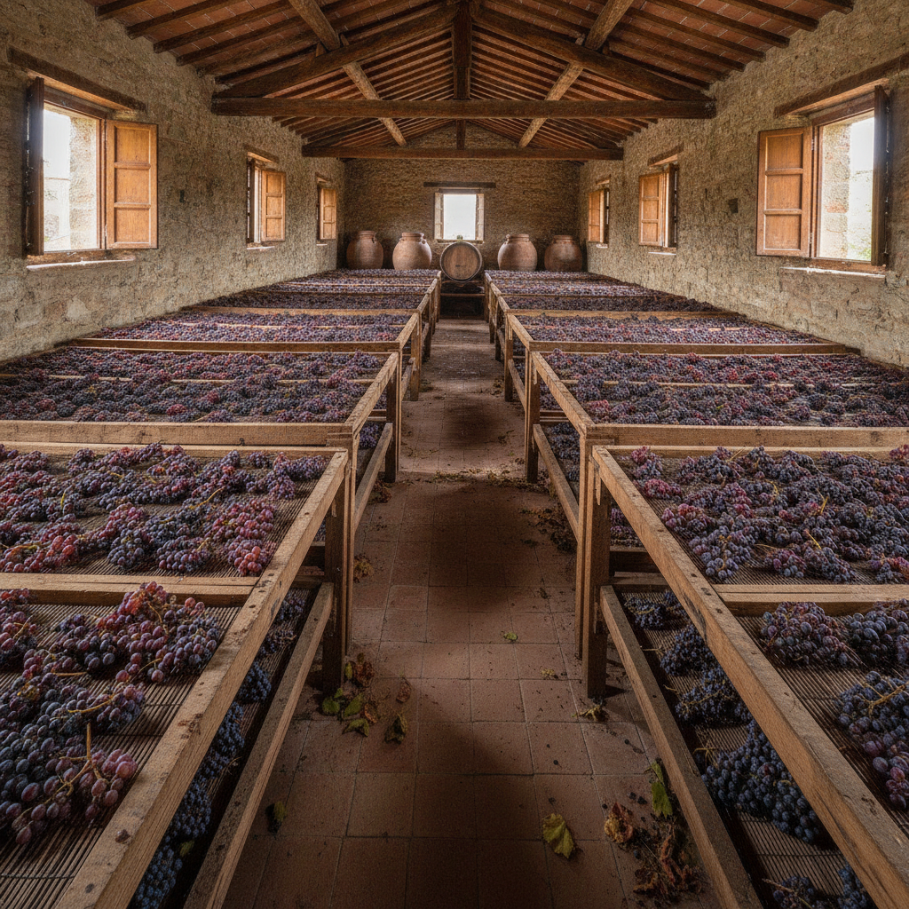 Raisins de Recioto traditionnels subissant l'appassimento sur des claies en bois à l'intérieur d'un rustique