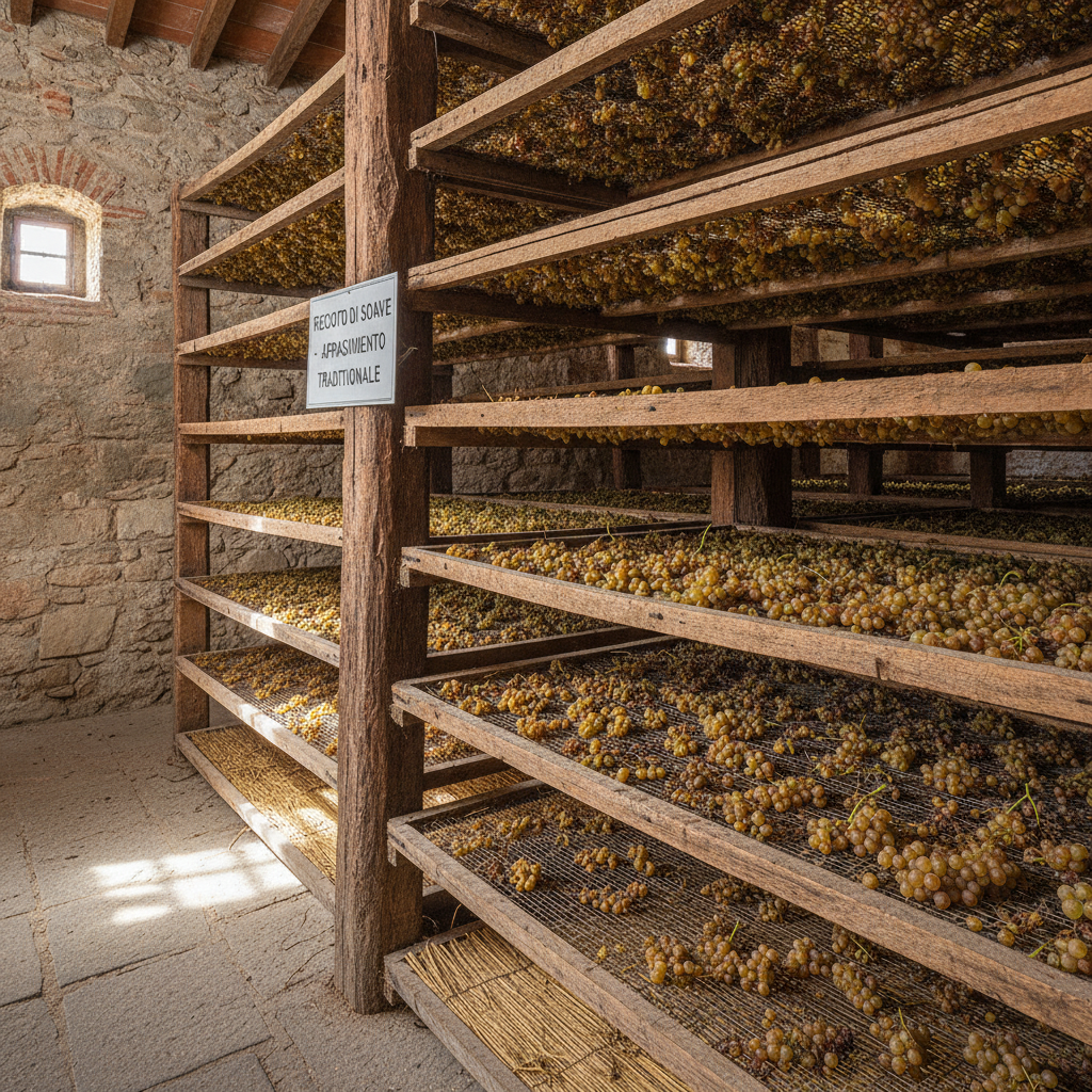 Golden Garganega grapes slowly drying on traditional wooden racks within a well-ventilated