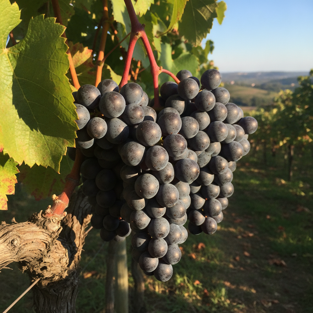 Gros plan vibrant de raisins Refosco dal Peduncolo Rosso mûrs avec des pédoncules rouges distincts