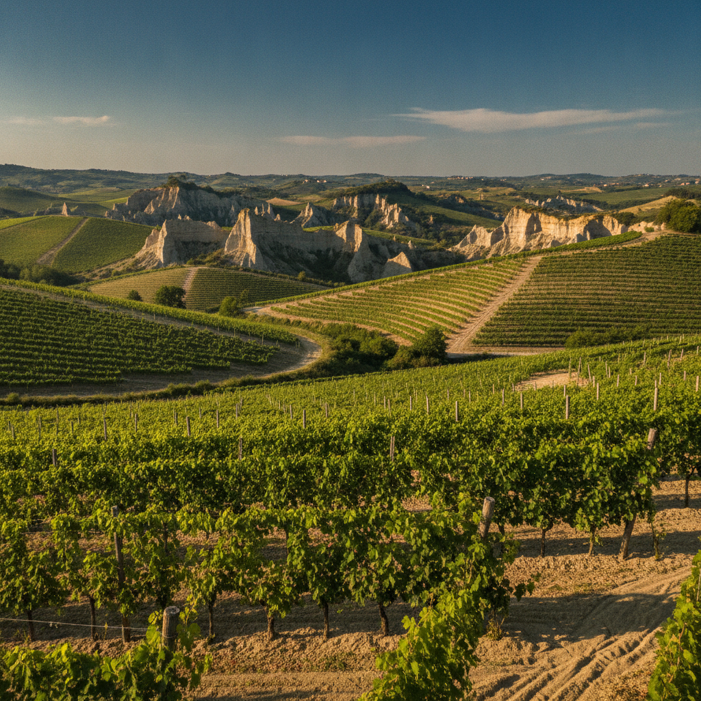 Sunlit vineyard rows in Roero