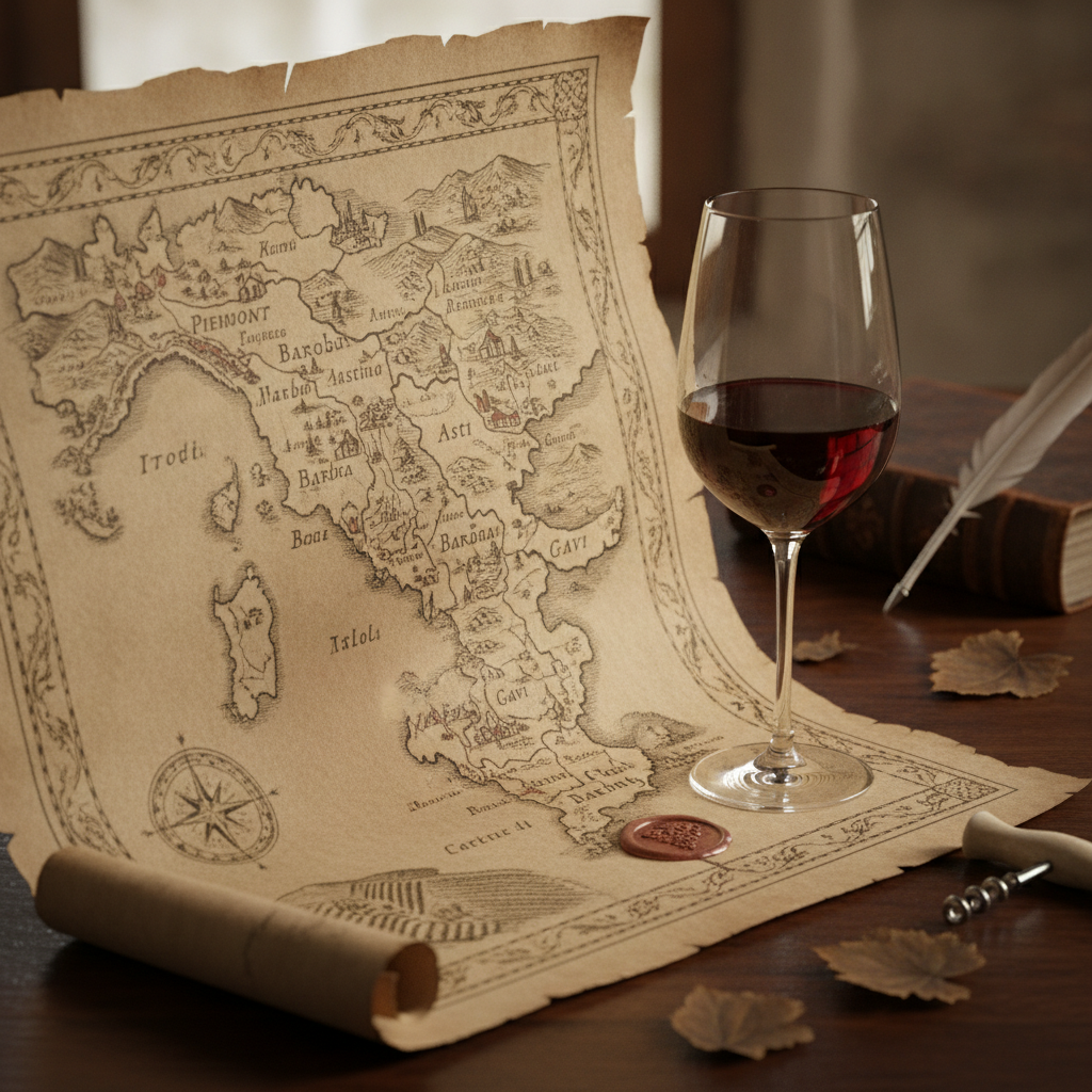 Un mapa antiguo de las regiones vinícolas del Piamonte