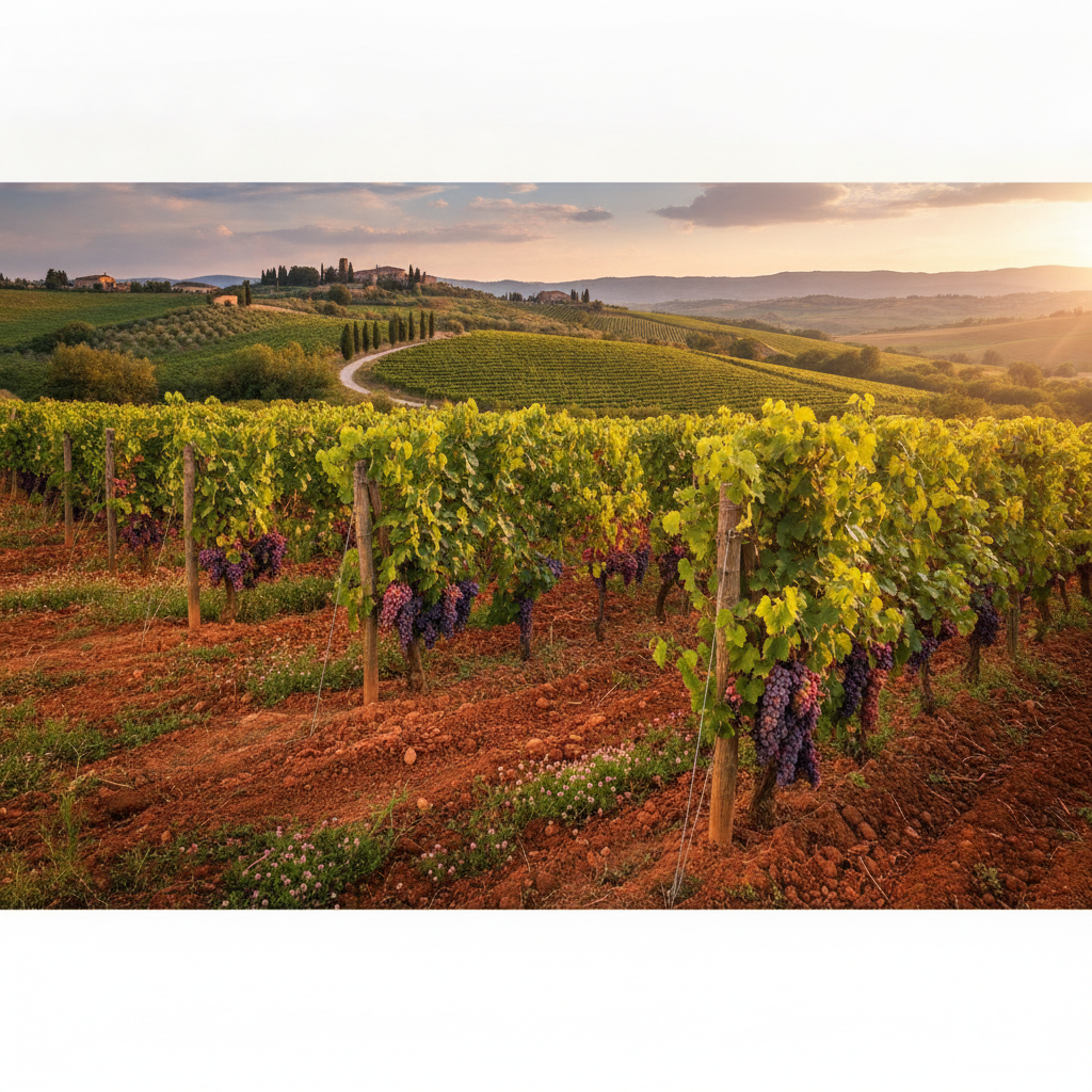 Panoramic view of a meticulously tended Rosso Piceno vineyard in Italy's Marche region