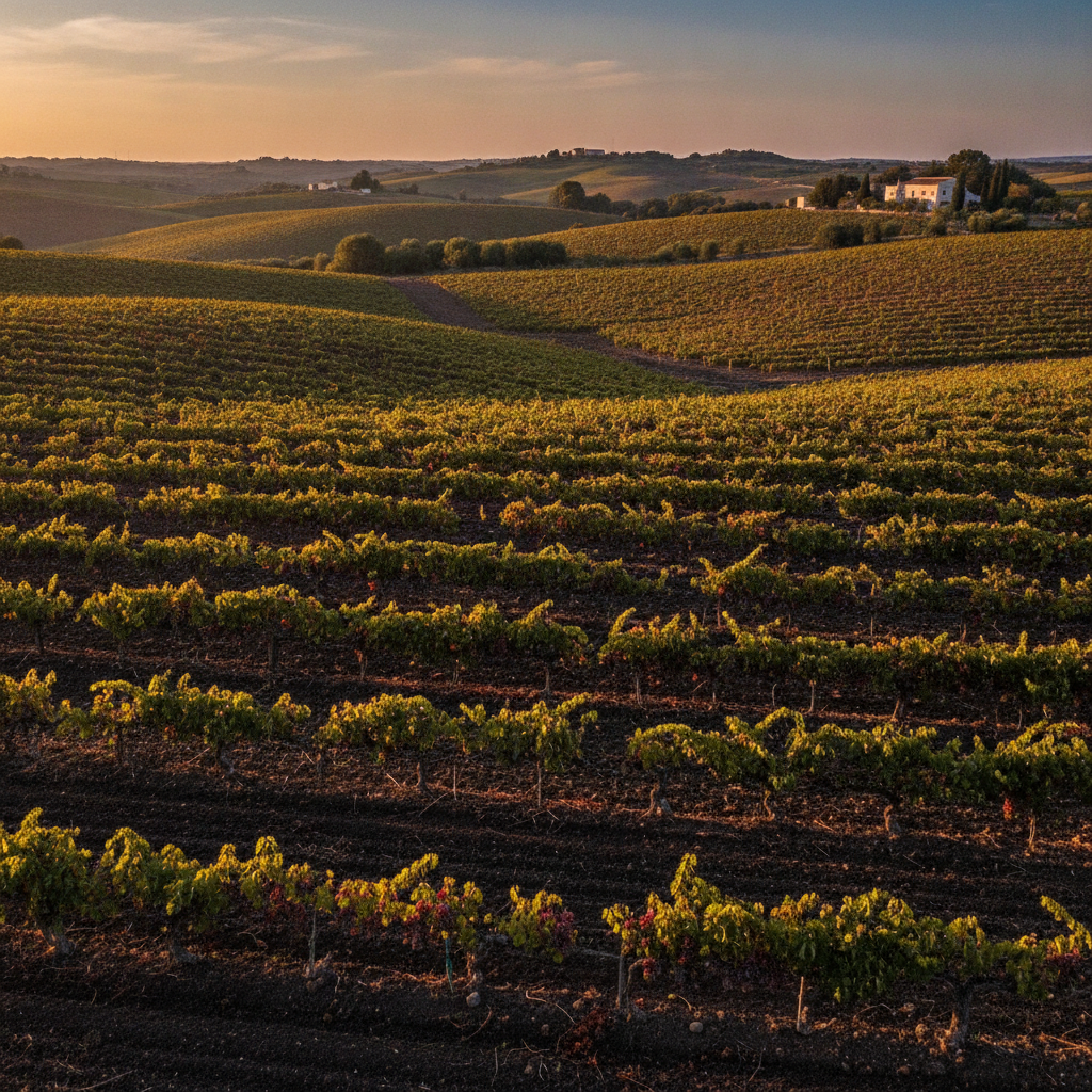 Realistic editorial photo: A panoramic view of rolling Sicilian vineyards with mature grapevines