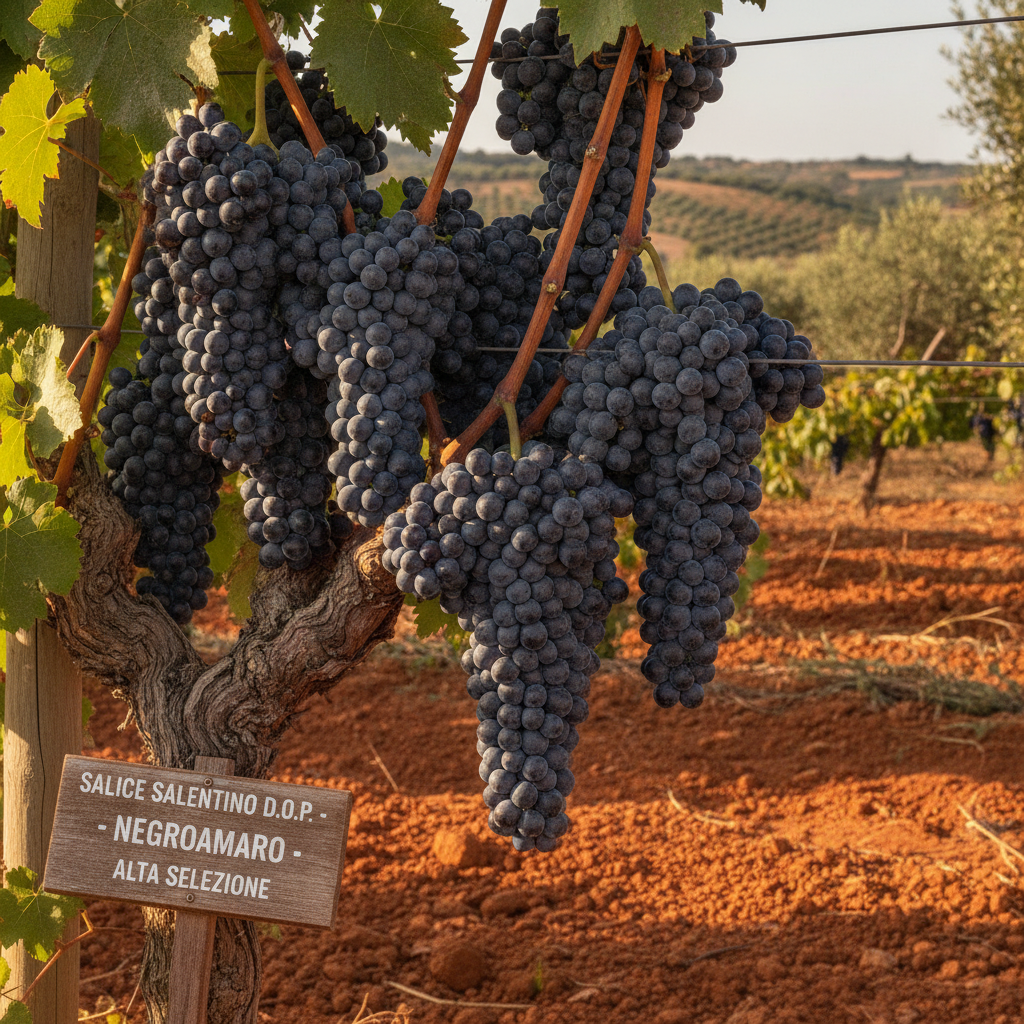 Close-up of ripe Negroamaro grapes on the vine in Salice Salentino