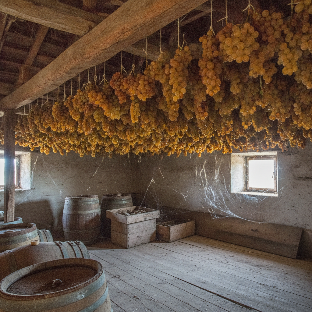 Bundles of golden dried grapes (*appassimento* method) hanging from beams in a rustic