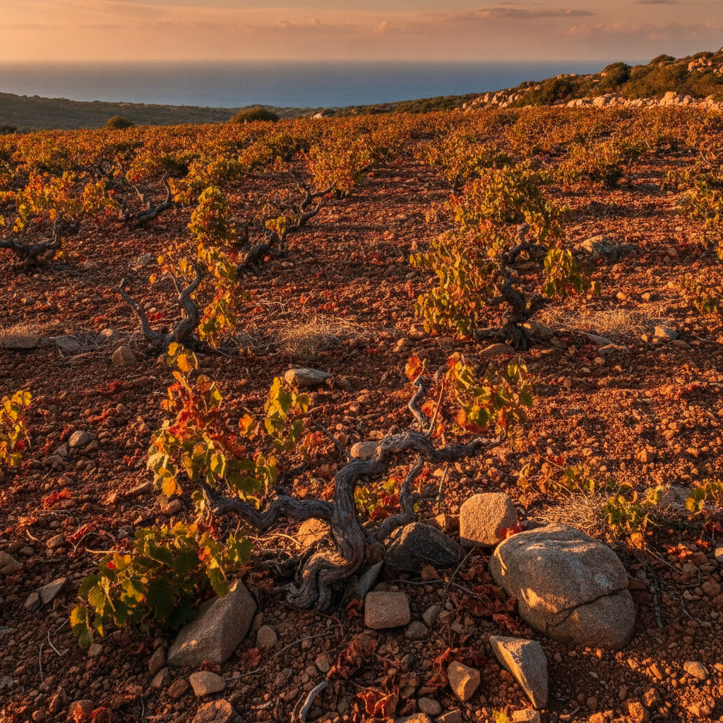 Sardinian vineyard landscape at golden hour