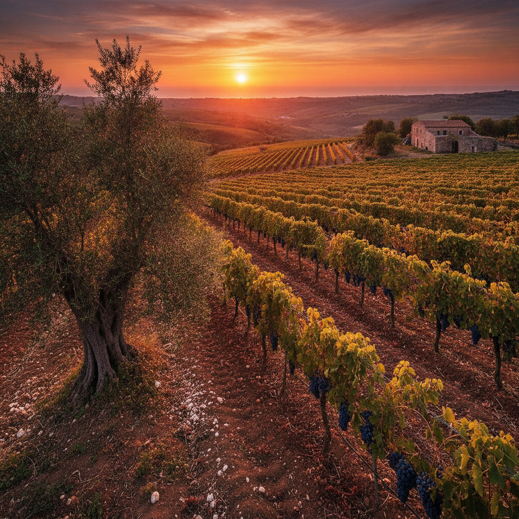 A breathtaking Sicilian vineyard vista at dusk