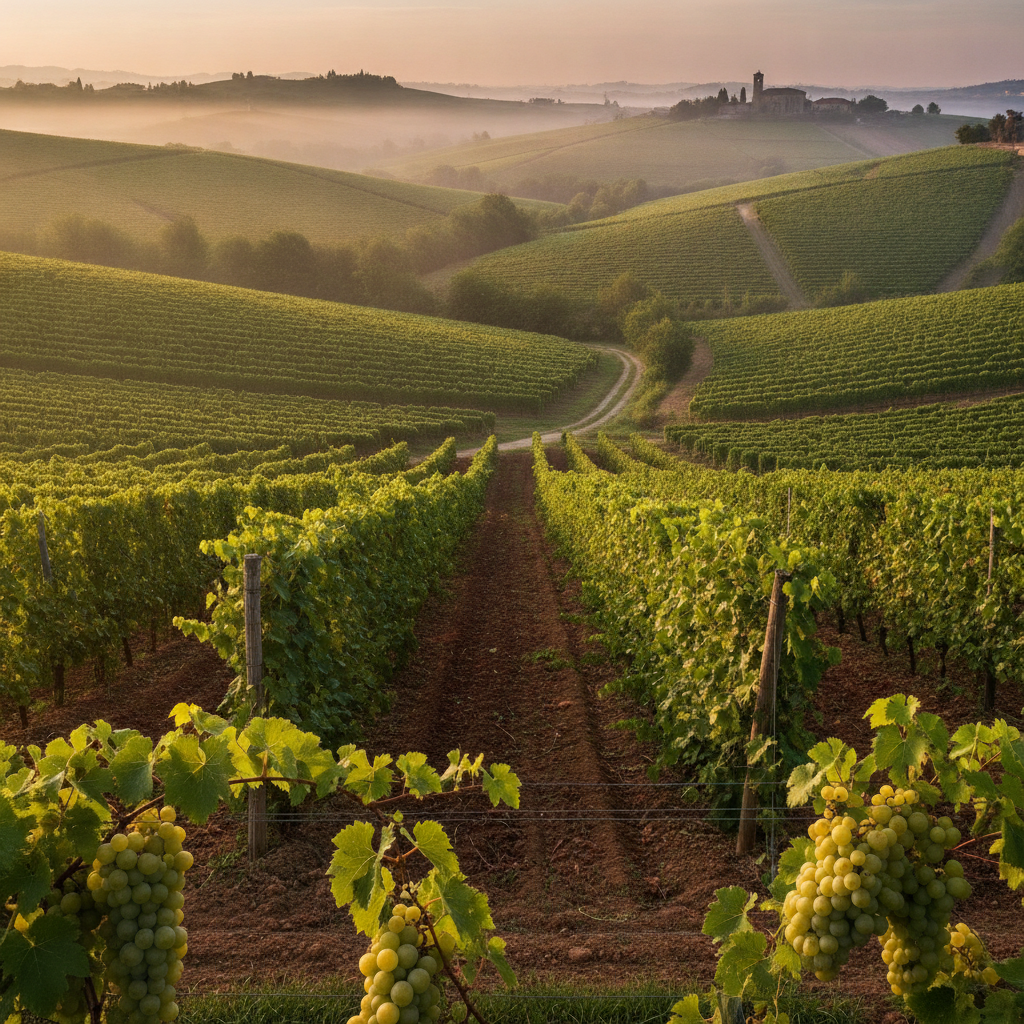 Piemontische Weinberglandschaft im Morgengrauen. Sanfte Hügel, bedeckt mit gesunden Moscato-Rebstöcken