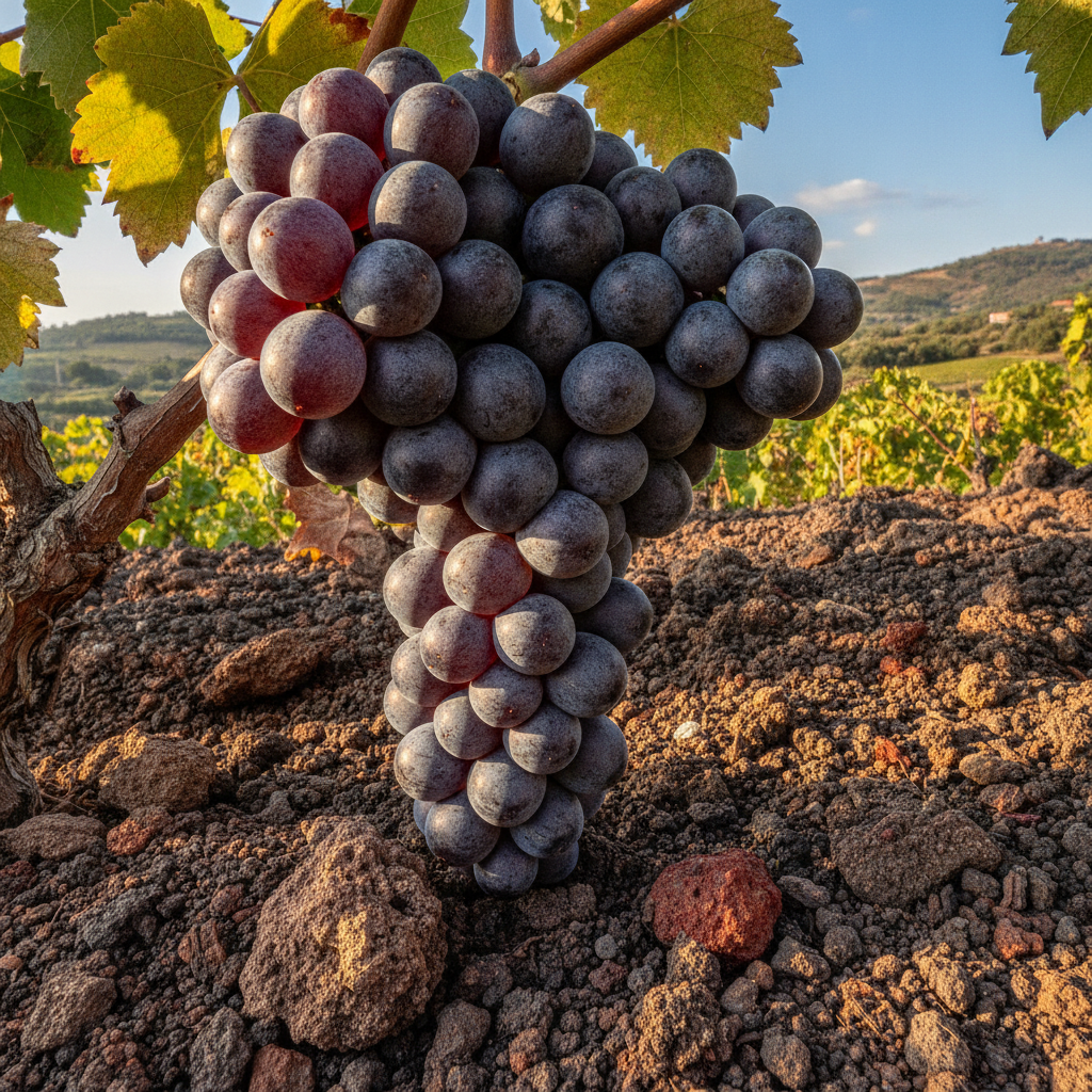 Close-up of ripe Aglianico grapes on the vine in the sunny