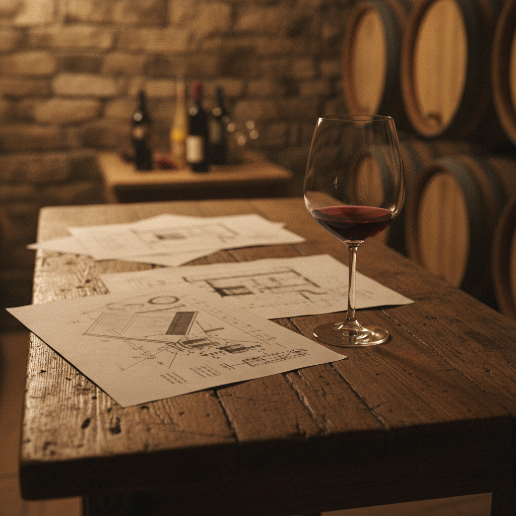 Close-up of a rustic wooden table in a Tuscan cellar