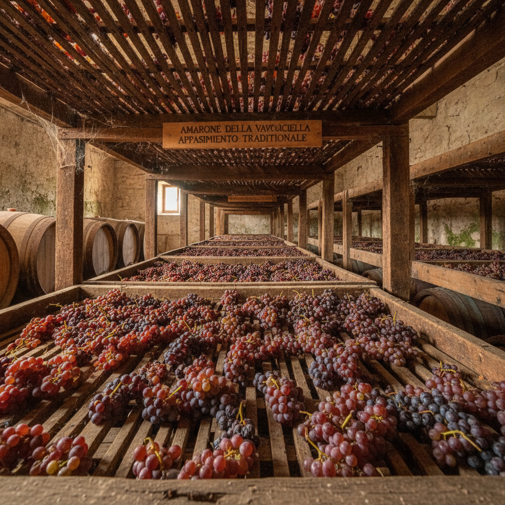Traditional wooden racks in a rustic Valpolicella cellar