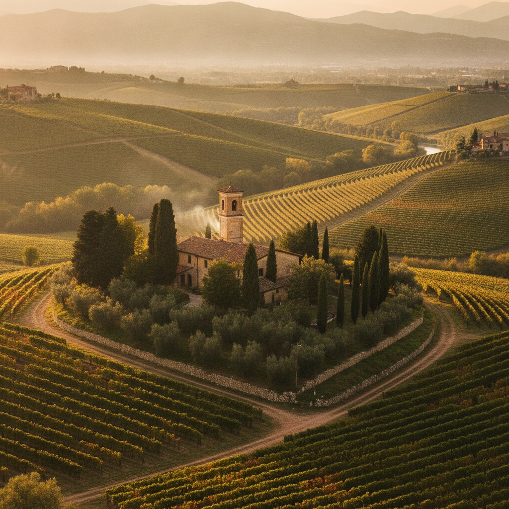 A panoramic view of rolling vine-covered hills in the Veneto region under a soft