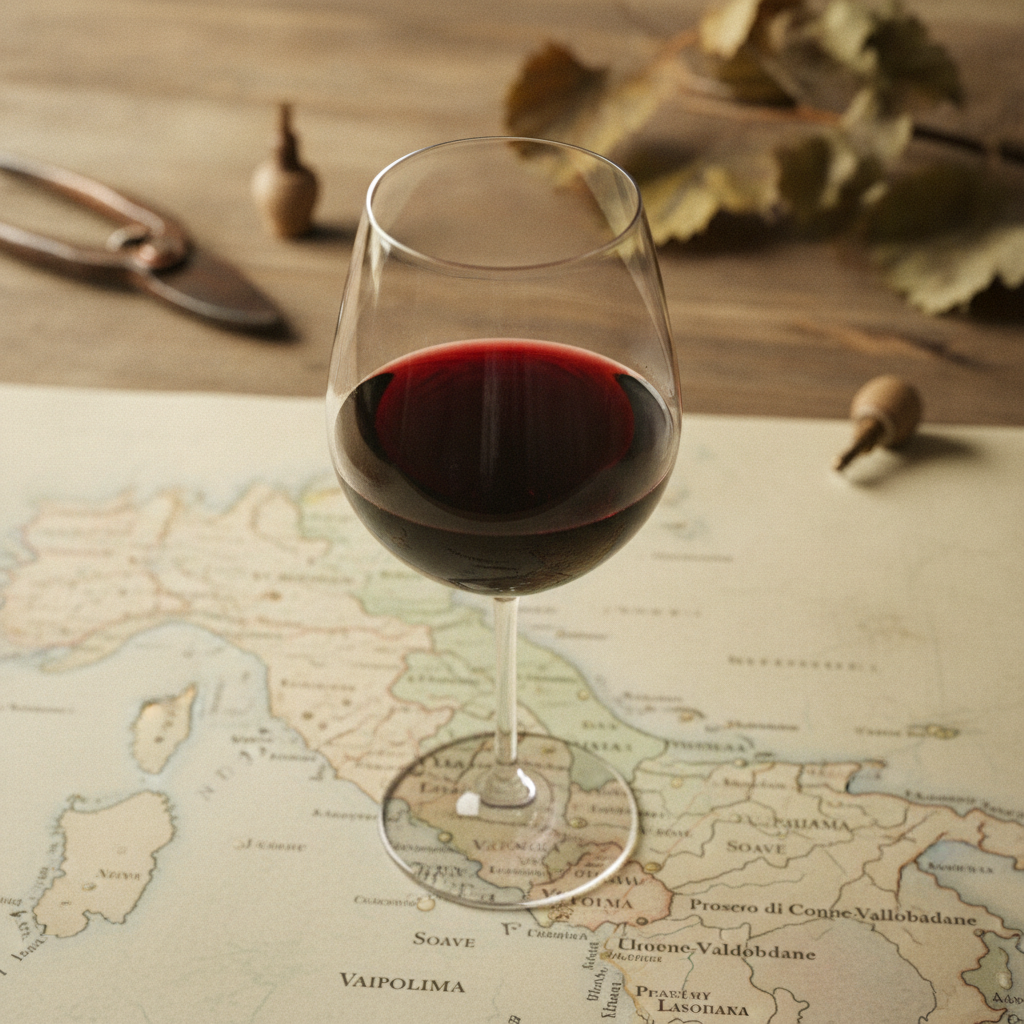 Overhead view of a rustic table with a generic red wine glass. A blurred map of Veneto with subtle regional demarcation lines