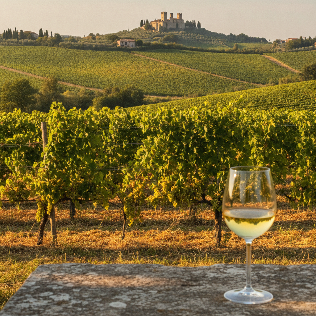 Sonnendurchflutete Verdicchio-Weinberge in Italiens Markenregion
