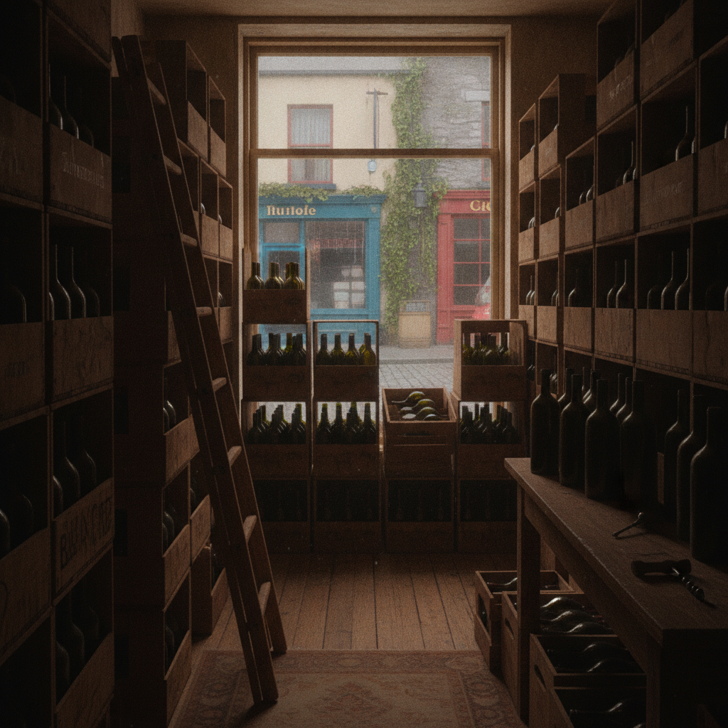 Wooden crates of unlabeled wine bottles stacked in a traditional Irish independent wine shop's backroom. Faint traditional Irish street view through a