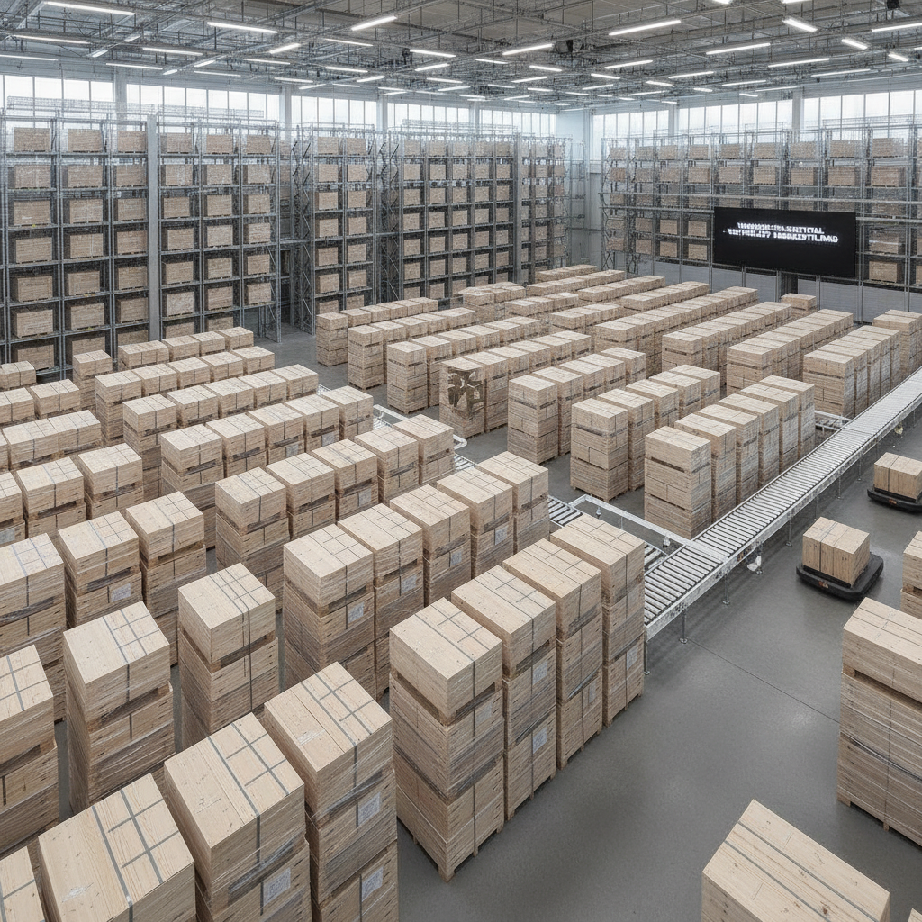 Unlabeled wine crates arranged formally within a large