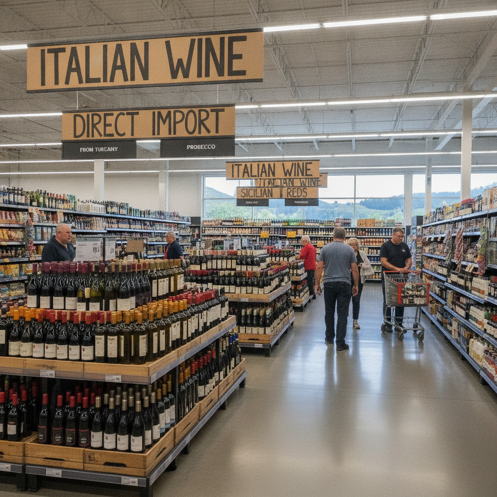 Unlabeled bottles of Italian wine on prominent display in a brightly lit New Zealand supermarket aisle