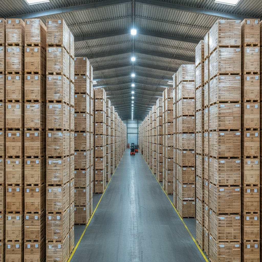Vast warehouse interior filled with tall stacks of unbranded wine crates and pallets
