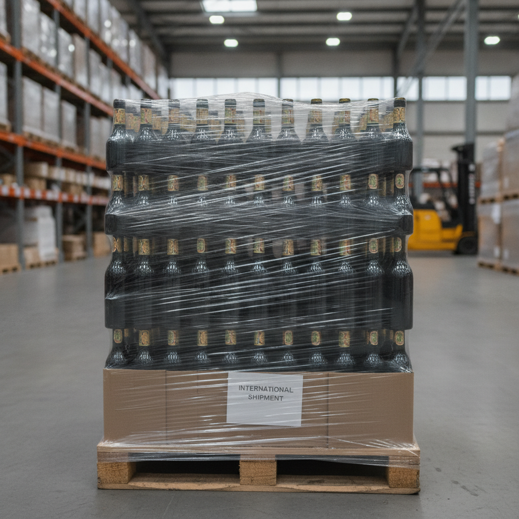 Pallet of unbranded dark wine bottles with generic excise stamps on their necks