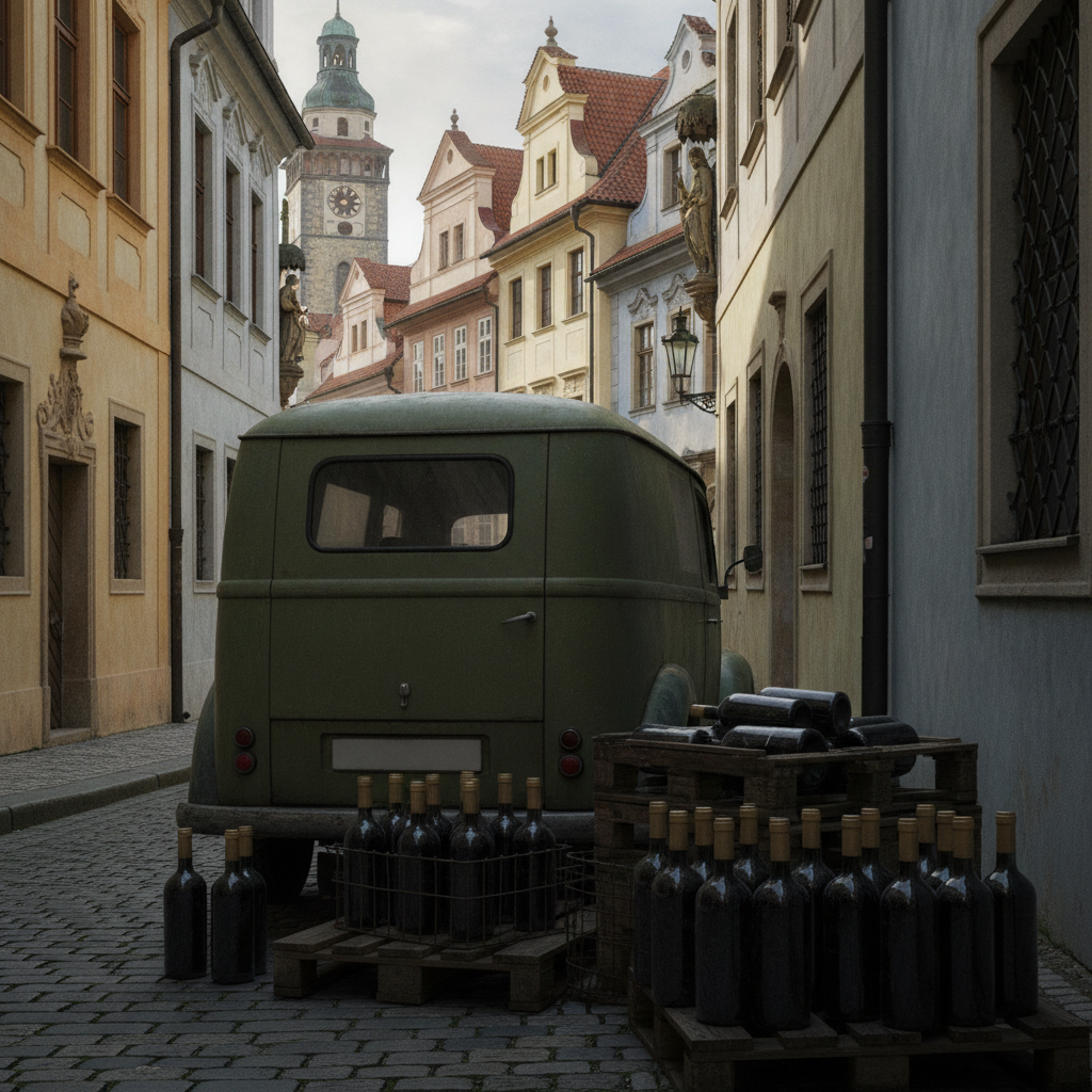 Unlabeled generic wine bottles stacked near a delivery vehicle in a picturesque old European city alley