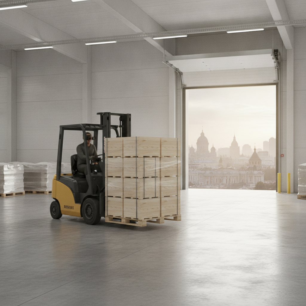 Unmarked wine crates on a forklift moving through a modern warehouse. Through the open loading dock