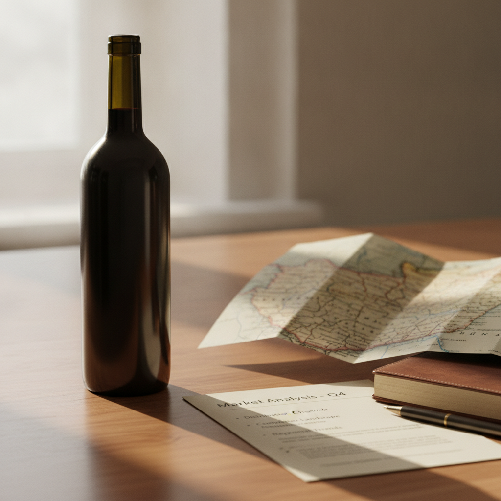 An unlabeled bottle of red wine rests on a table next to a partially obscured map of Hungary. Soft light filters in