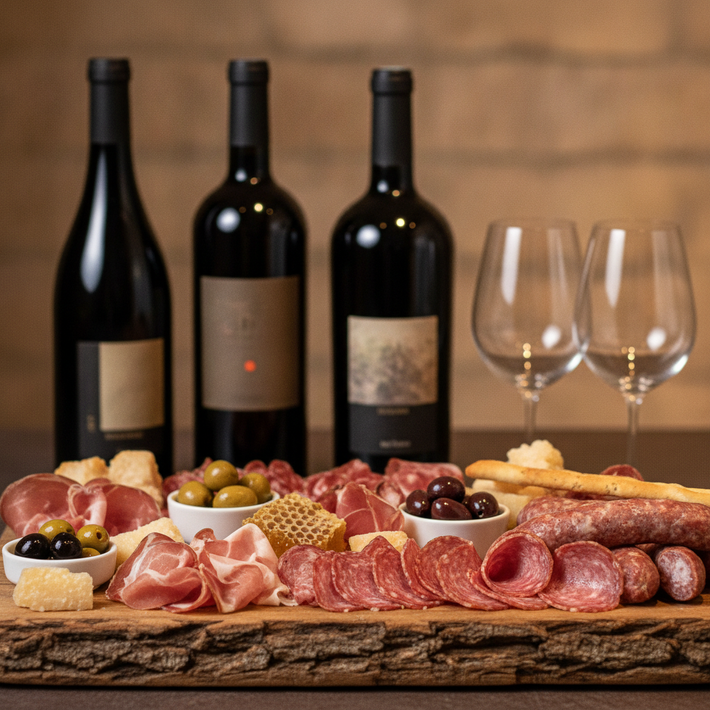 A curated spread of natural Italian salumi on a rustic wooden board