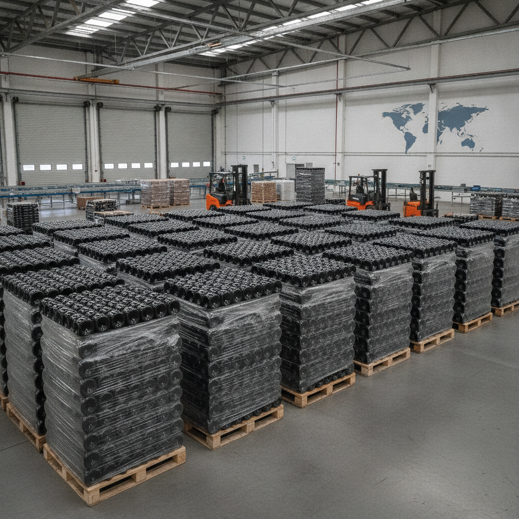 Unlabeled Bordeaux-style wine bottles stacked on pallets