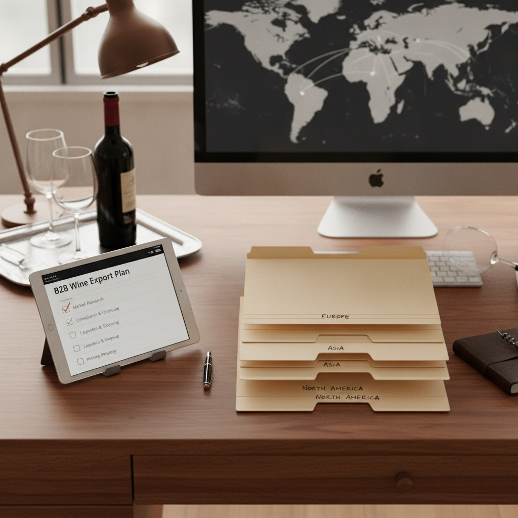 Ein sorgfältig organisierter Schreibtisch für die B2B-Wein-Exportplanung. Ein Tablet zeigt eine Export-Checkliste
