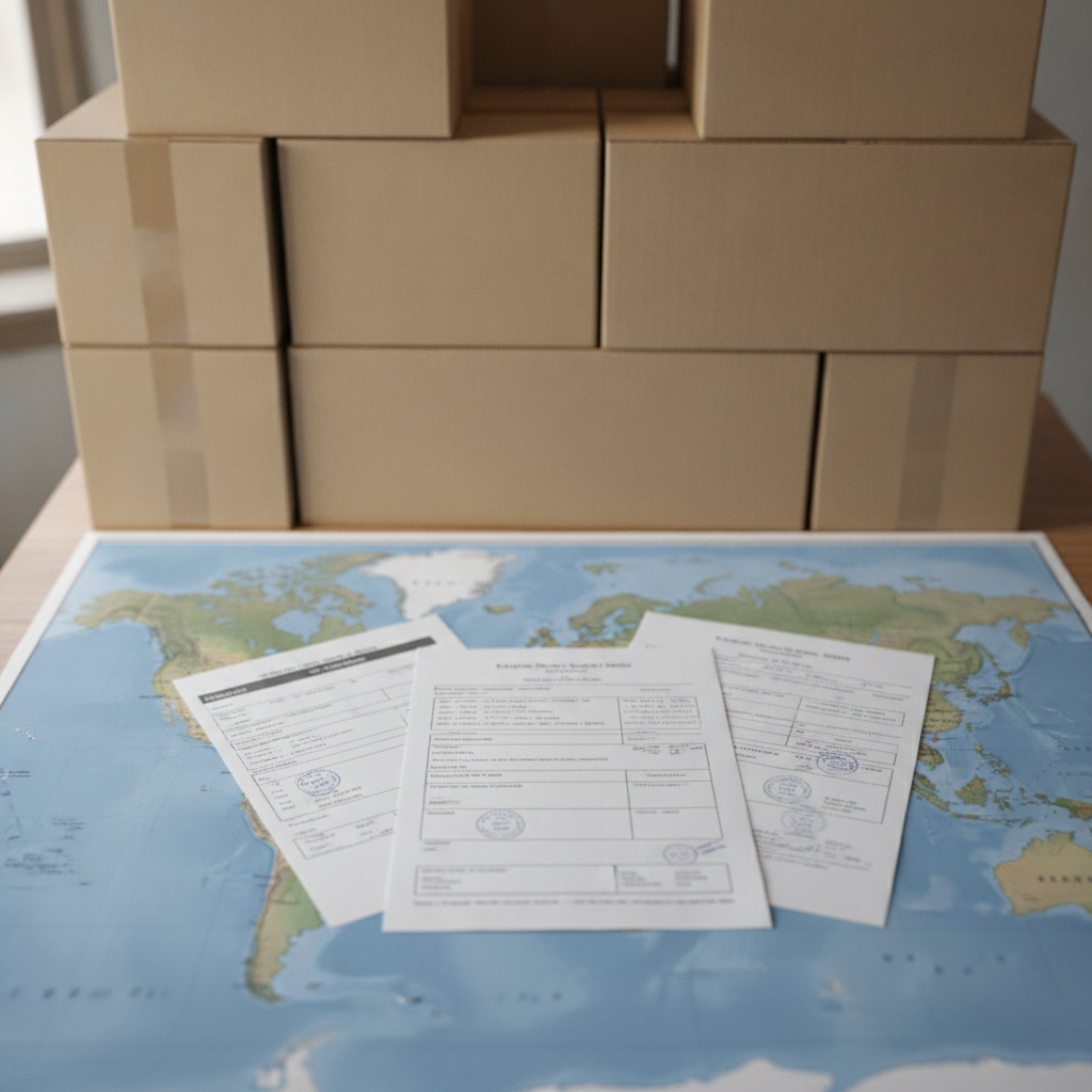 Overhead shot of a desk with generic shipping documents and a blurred world map