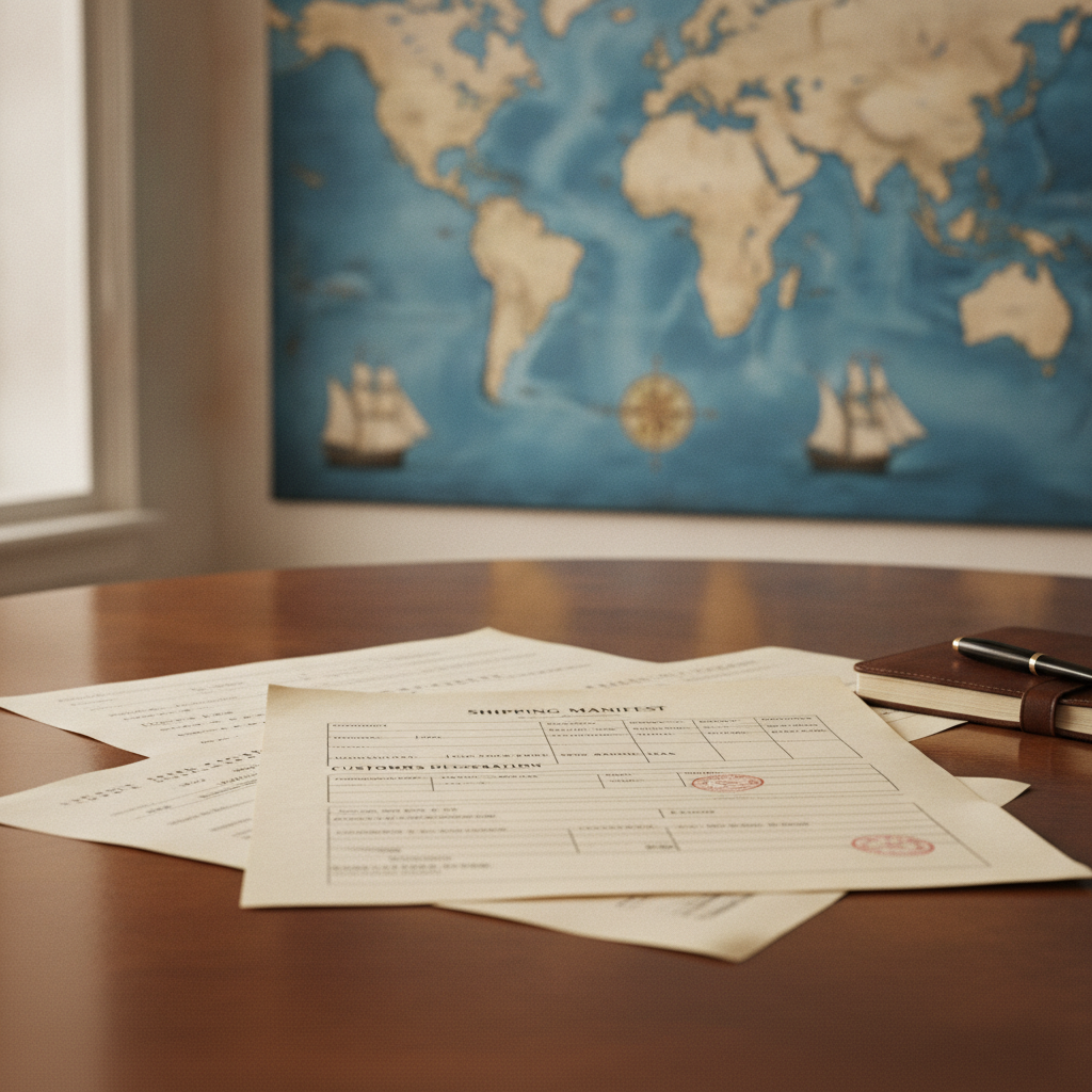 Documentos como manifiestos de envío y declaraciones de aduana para exportación de vino distribuidos sobre una mesa. Un mapa mundial o globo borroso al fondo