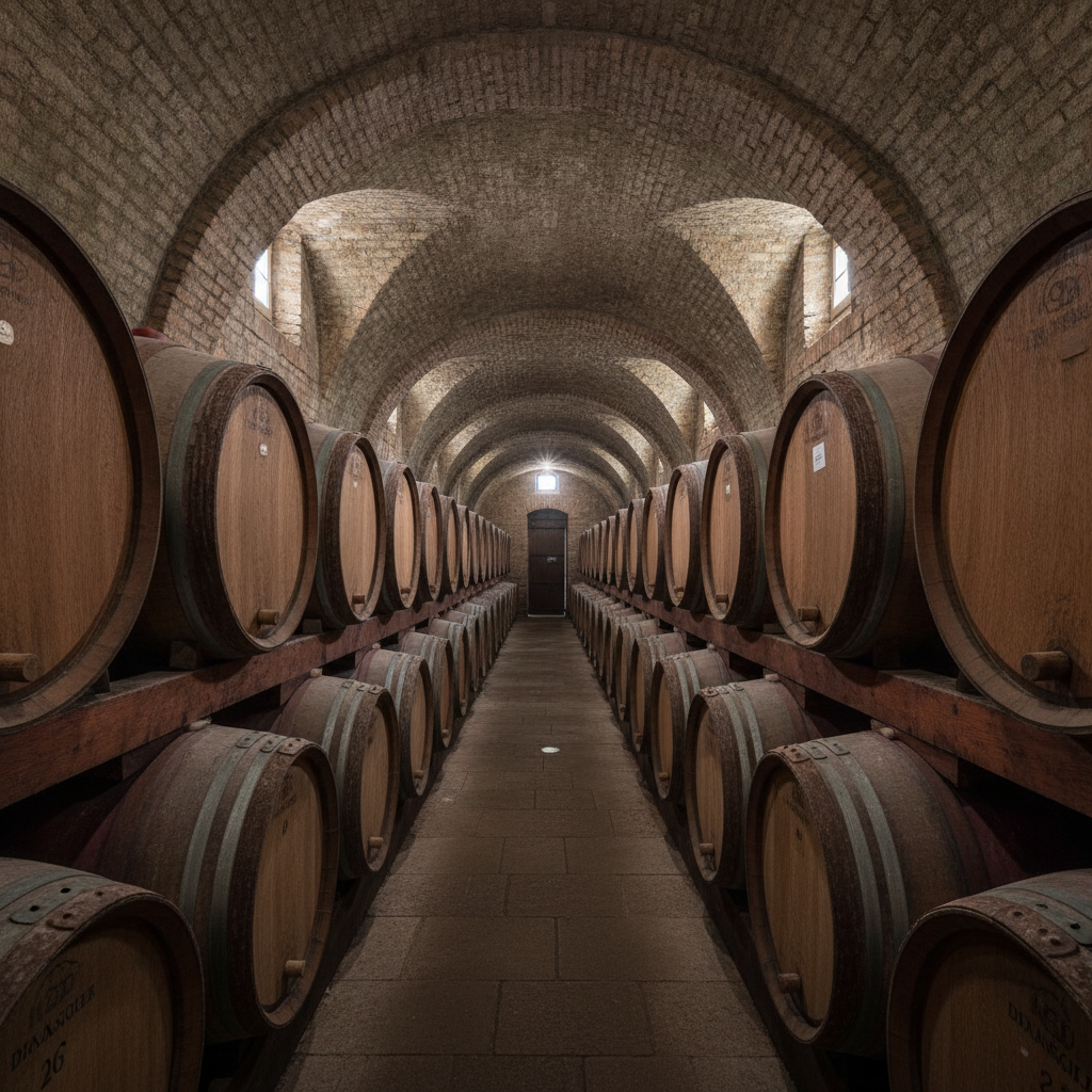 Rows of unlabeled oak barrels in a traditional Italian winery cellar