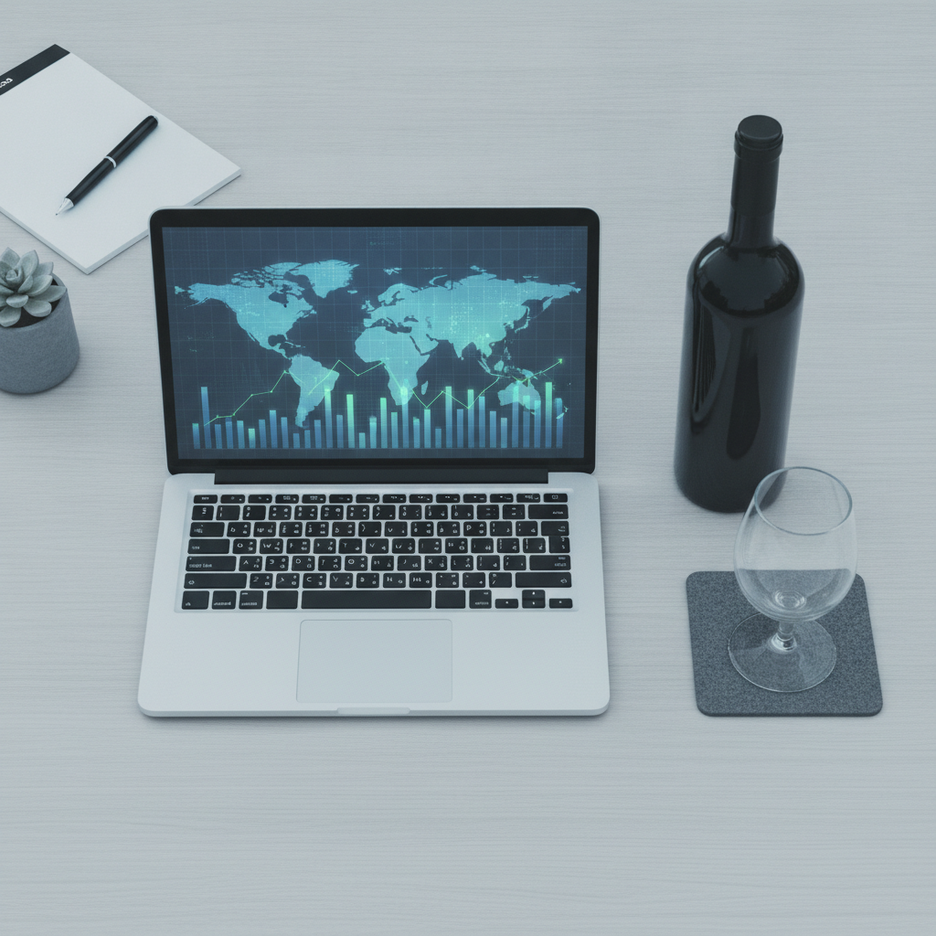 High-angle shot of a minimalist desk. Laptop screen shows blurred financial charts and a global map. An unlabeled