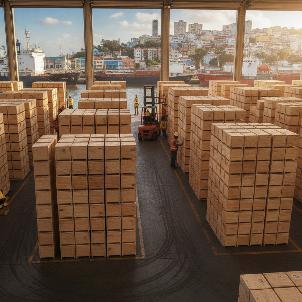 Stacks of anonymous wooden wine crates (no labels) inside a bustling port warehouse. In the blurred background