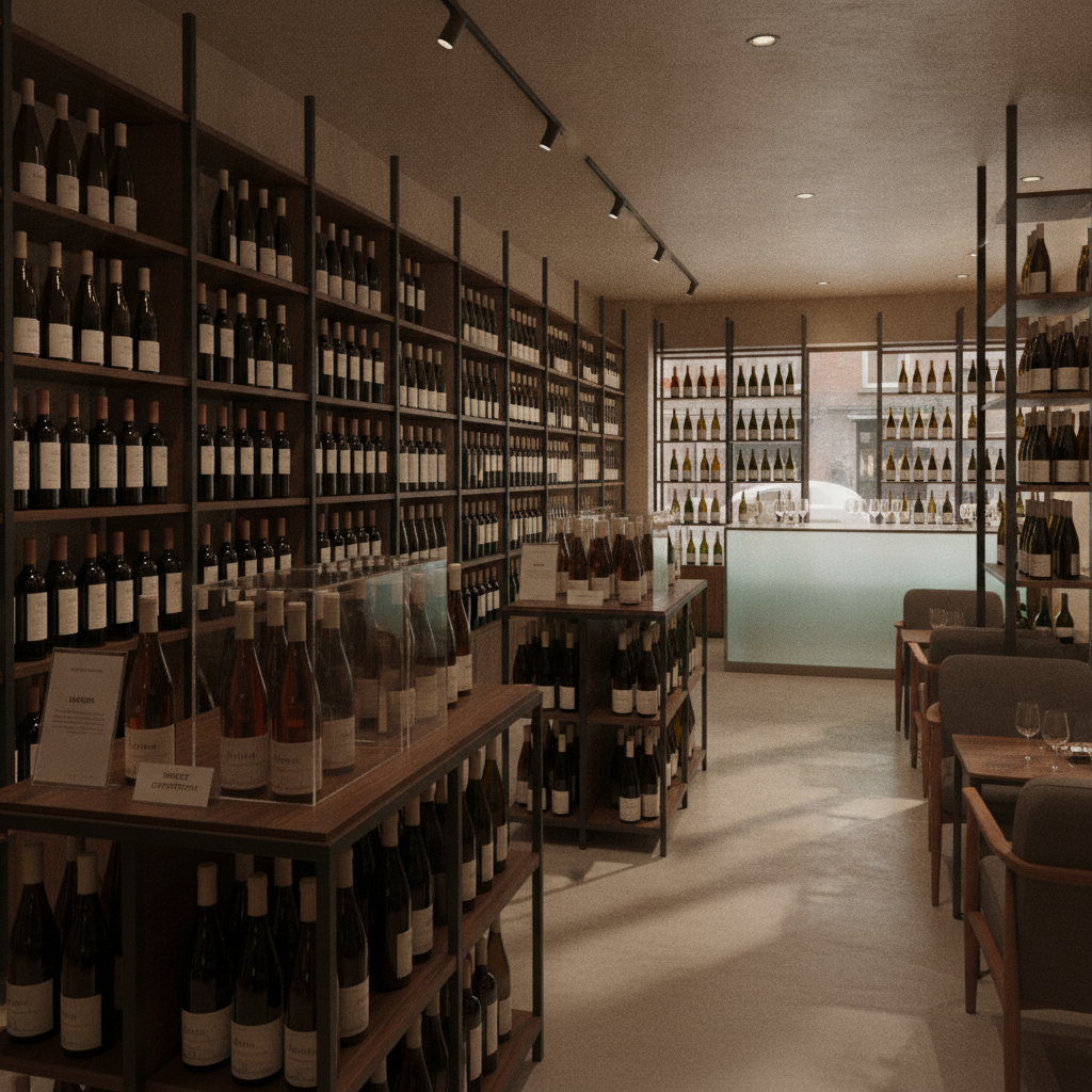 Interior of a modern Irish wine store. Shelves filled with various unlabeled wine bottles