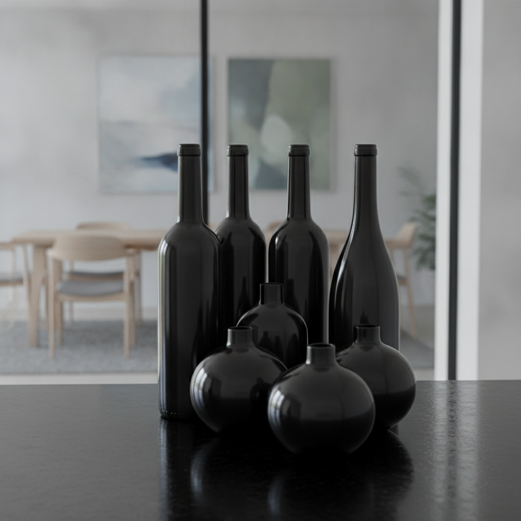 Unlabelled dark wine bottles on a sleek surface