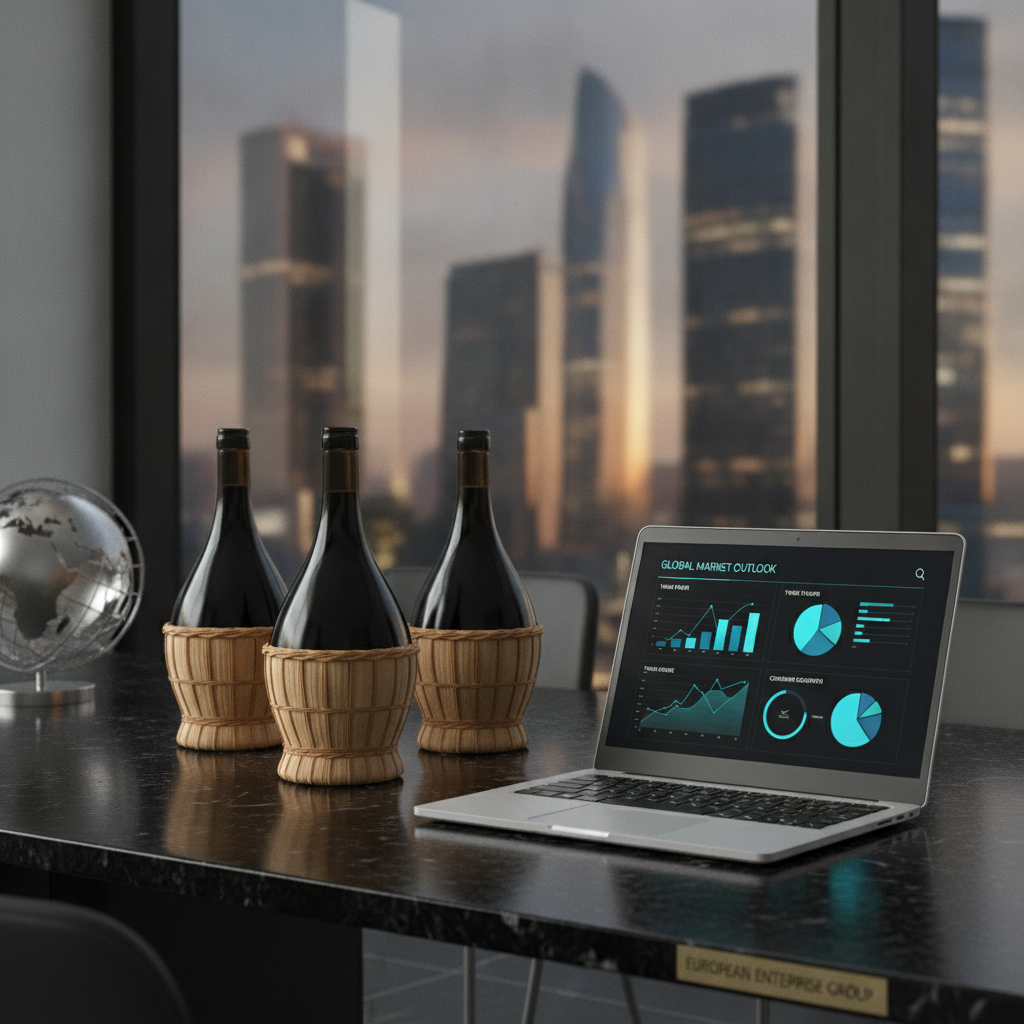 Unlabeled Italian-style wine bottles on a sleek table