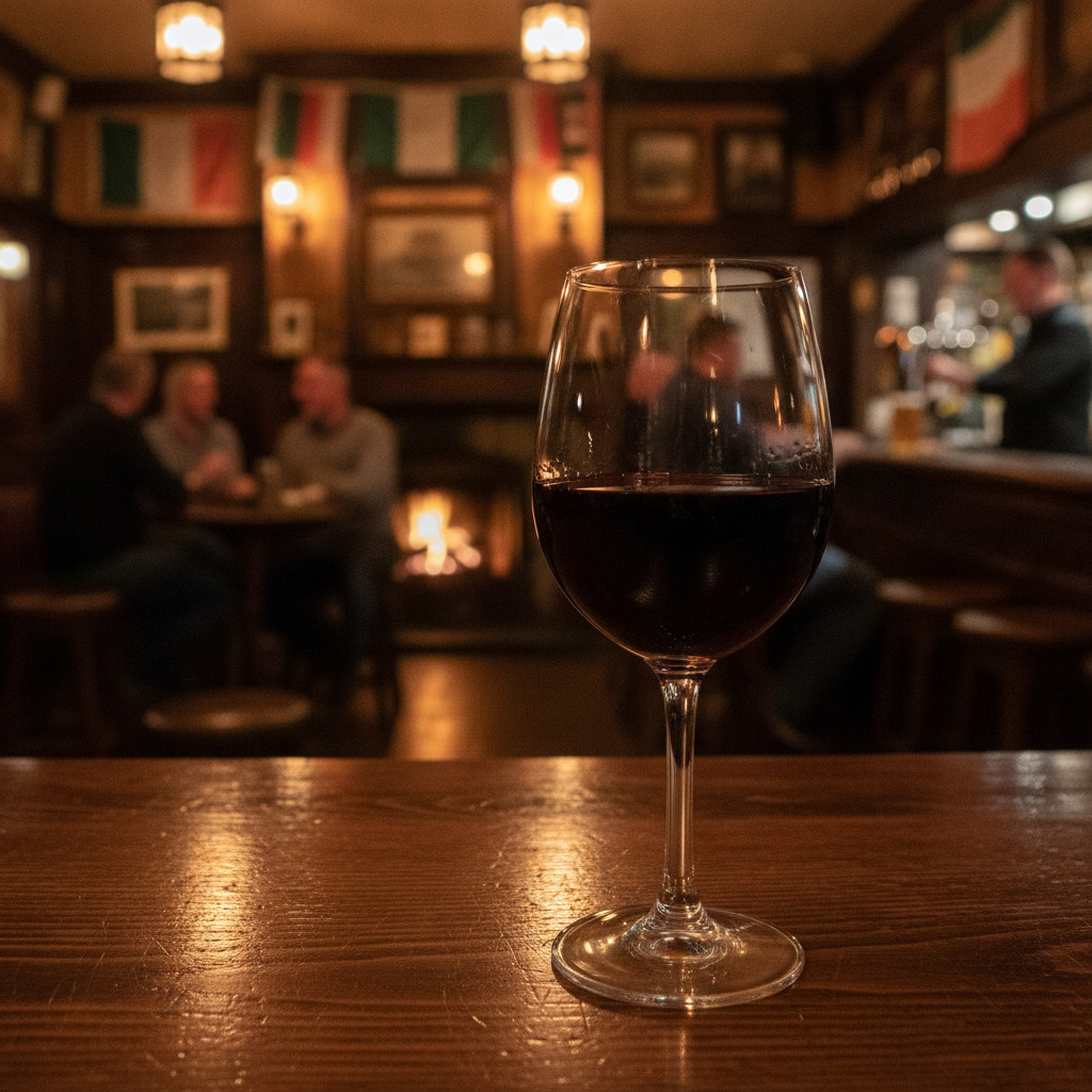 A sophisticated glass of red wine on a polished dark wooden bar counter