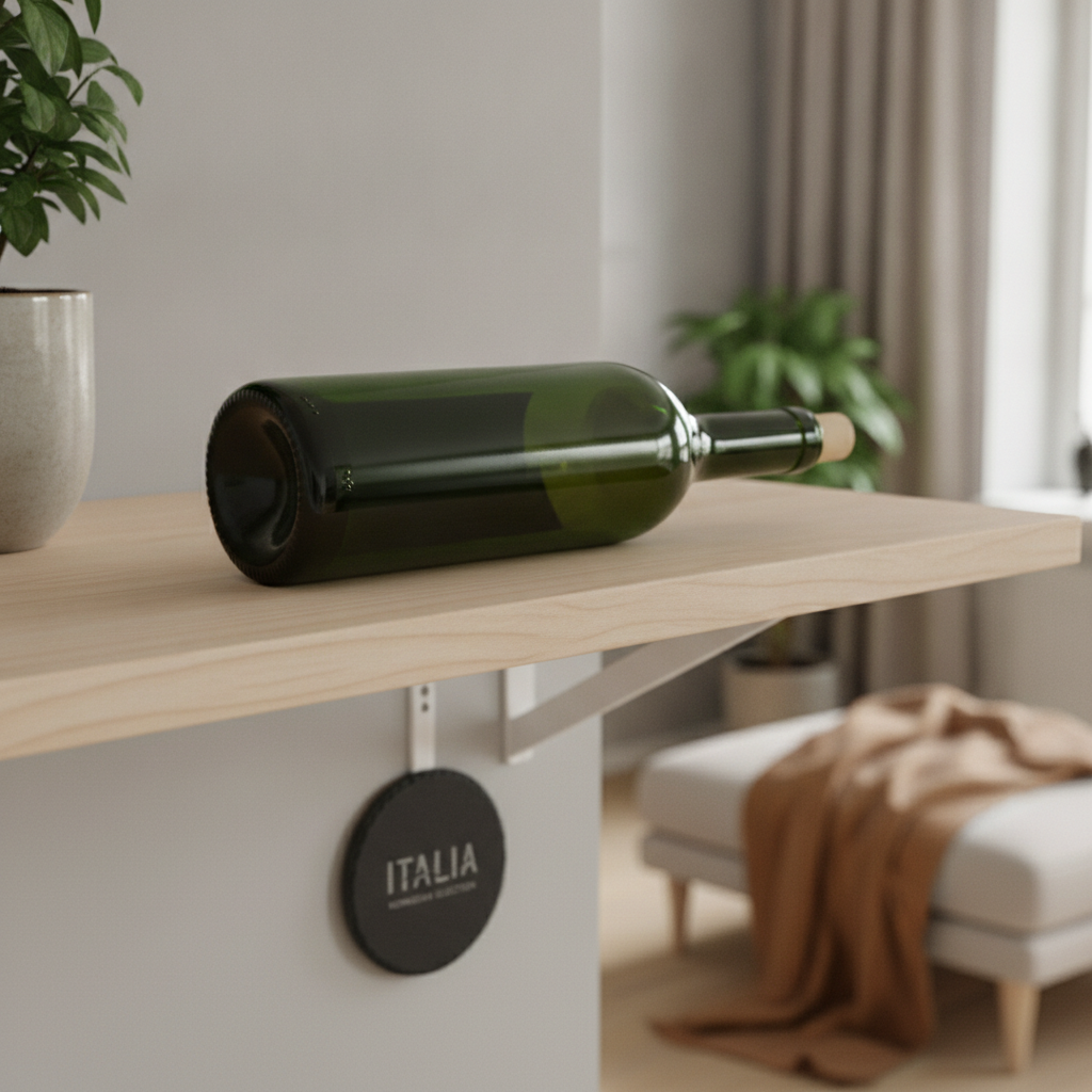Unlabeled wine bottle (classic shape) on a minimalist Scandinavian wooden shelf. Blurred background hints at a modern Nordic interior