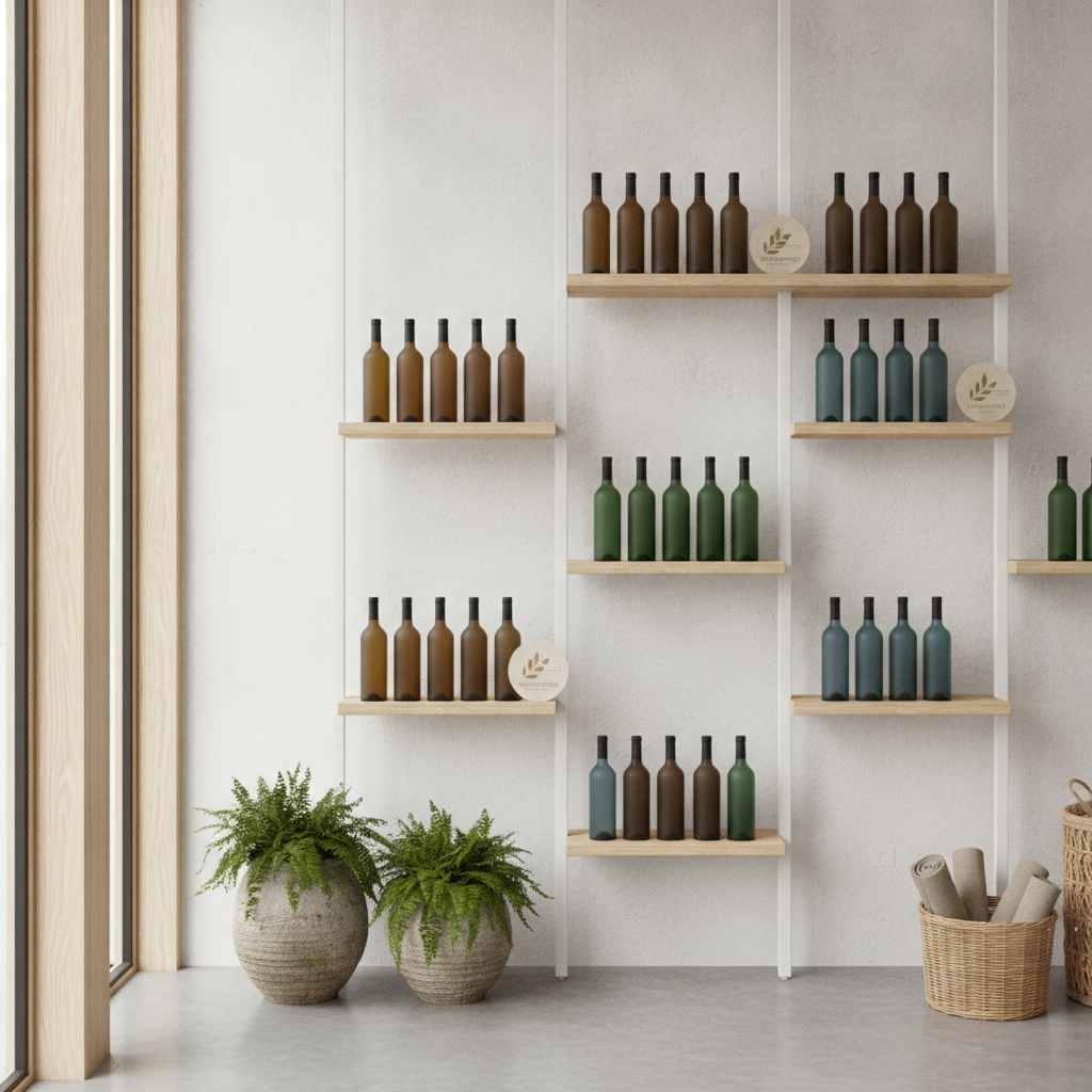 Unlabeled generic wine bottles displayed on a minimalist shelf in a bright