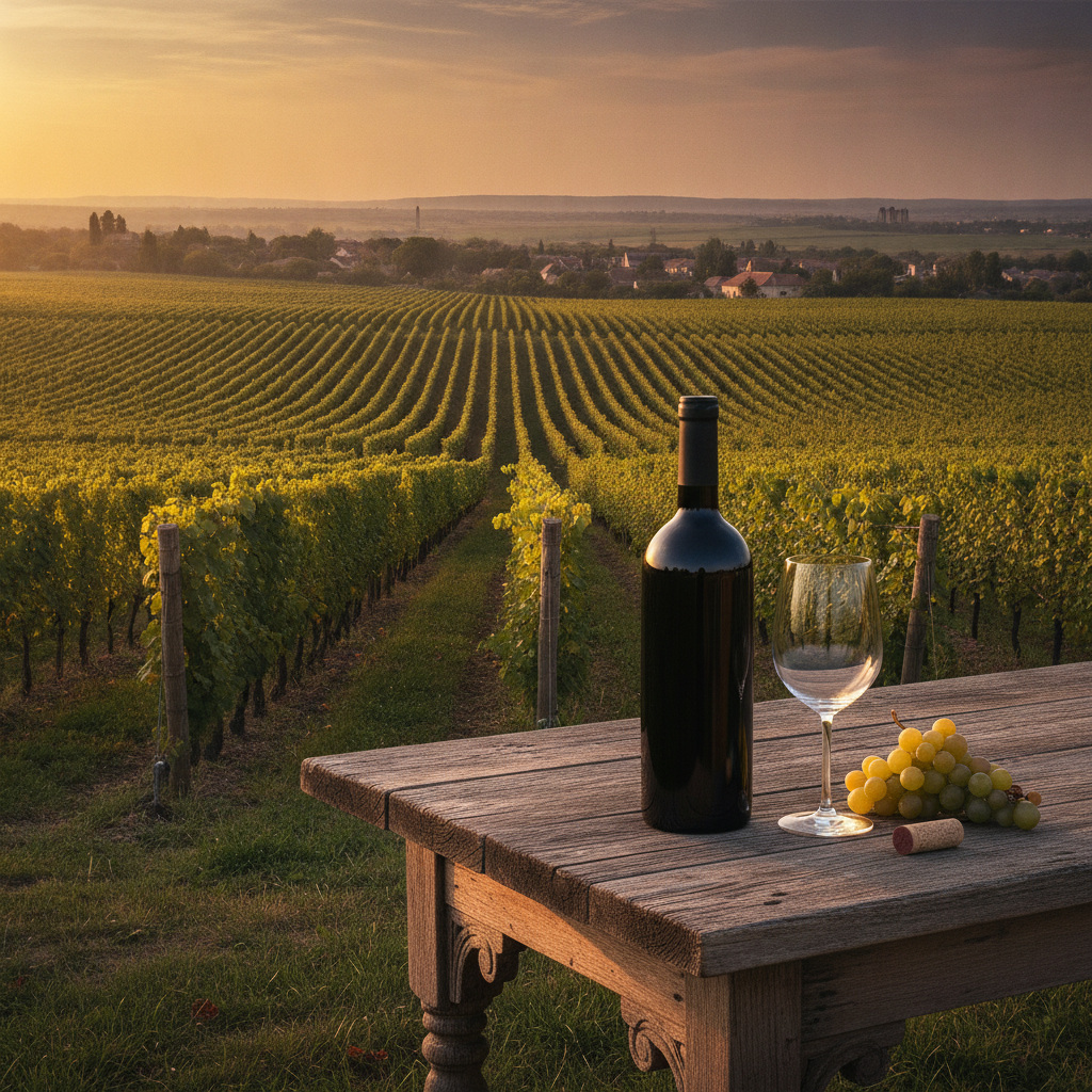 Expansive Hungarian vineyard landscape under a golden hour sky. In the midground