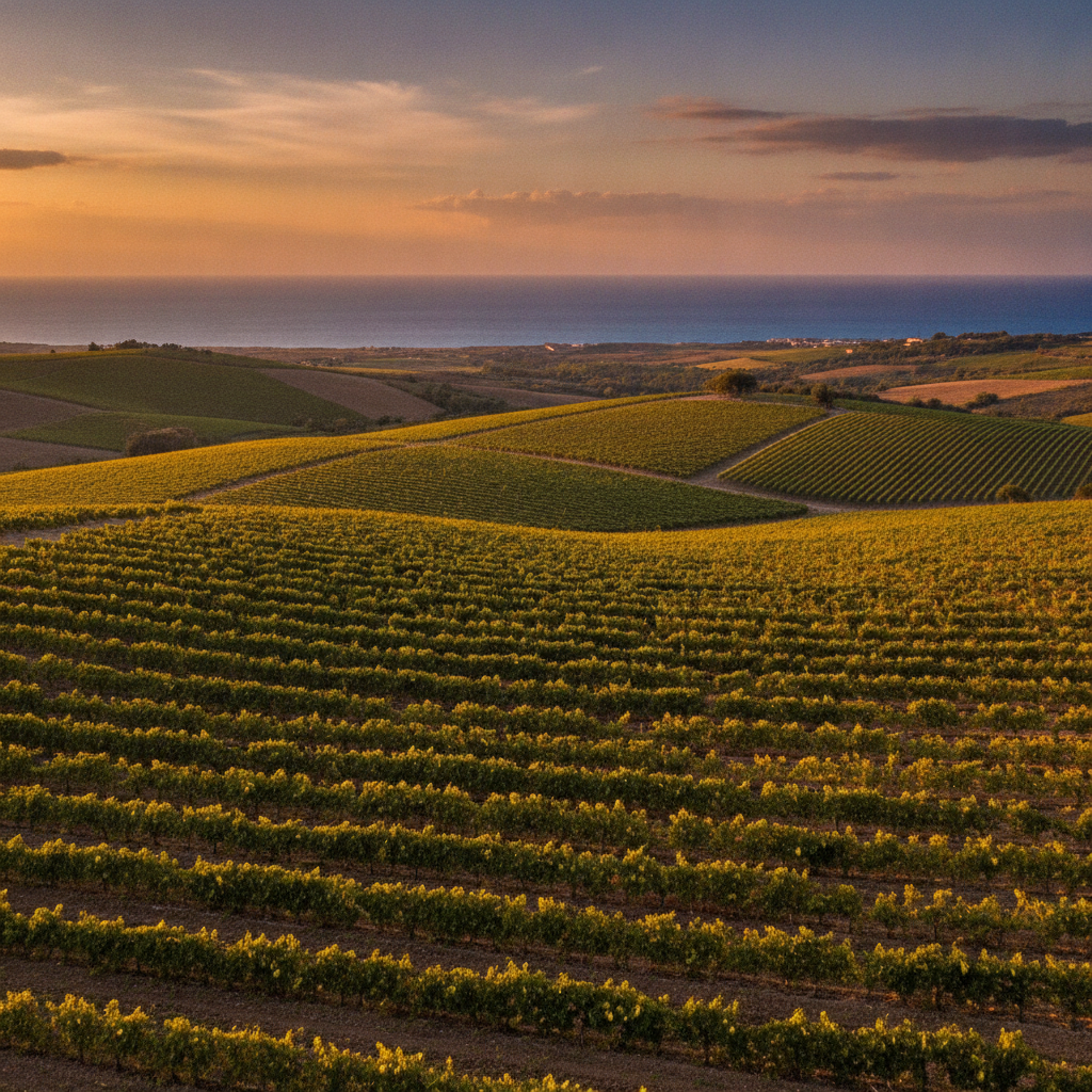 Golden hour light over extensive vineyards in Agrigento province. Rolling hills merge with the distant Mediterranean Sea under a vast sky